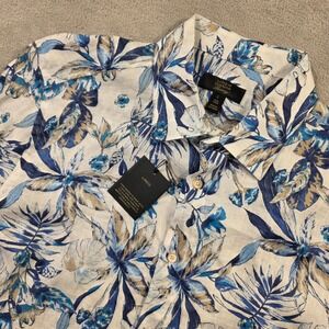 Club Room Mens Luxury 100% Linen Tropical Floral Button Down Shirt White Blue L